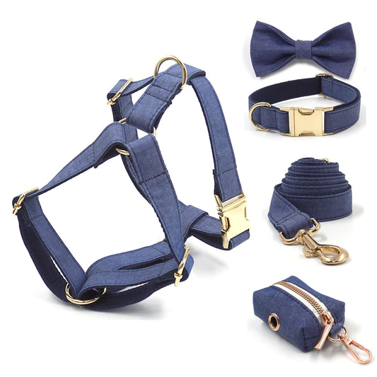 Dark Blue Denim Dog Harness for Medium Dogs No Pull Durable Heavy Duty Dog Collar with Walking Lead Fully Adjustable Pet Harness