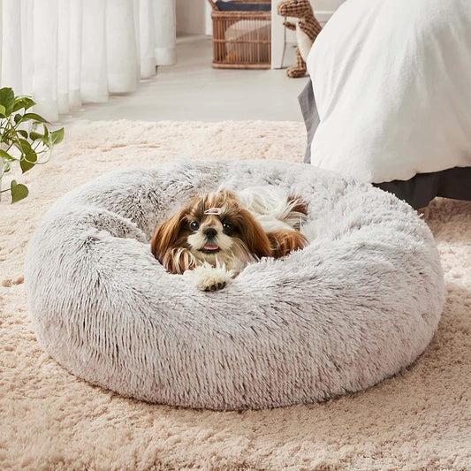 Western Home Faux Fur Dog & Cat Bed, Original Calming Bed for Small Medium Large Pets, anti Anxiety Donut Cuddler round Warm Washable Bed for Indoor Cats(20", Khaki)